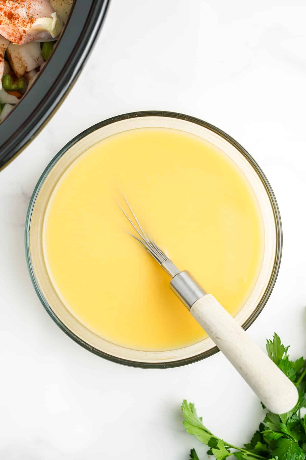 Creamy sauce for chicken stew mixed in a bowl. 