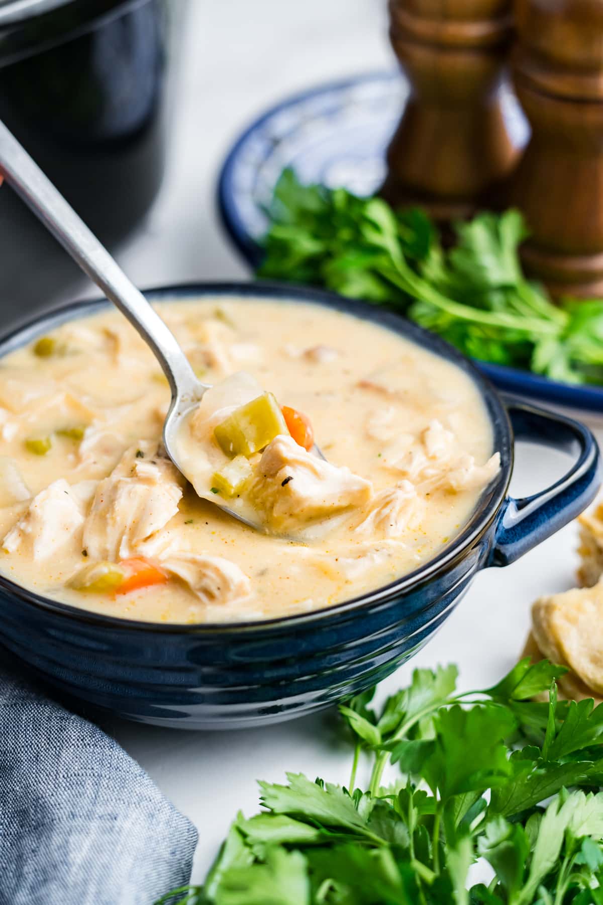 A bowl of creamy chicken stew with a spoon lifting up a bite. 