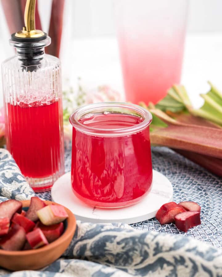 A jar of fresh homemade rhubarb simple syrup.