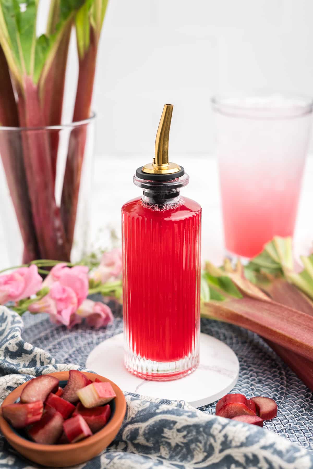 Rhubarb Simple Syrup in a bottle. 