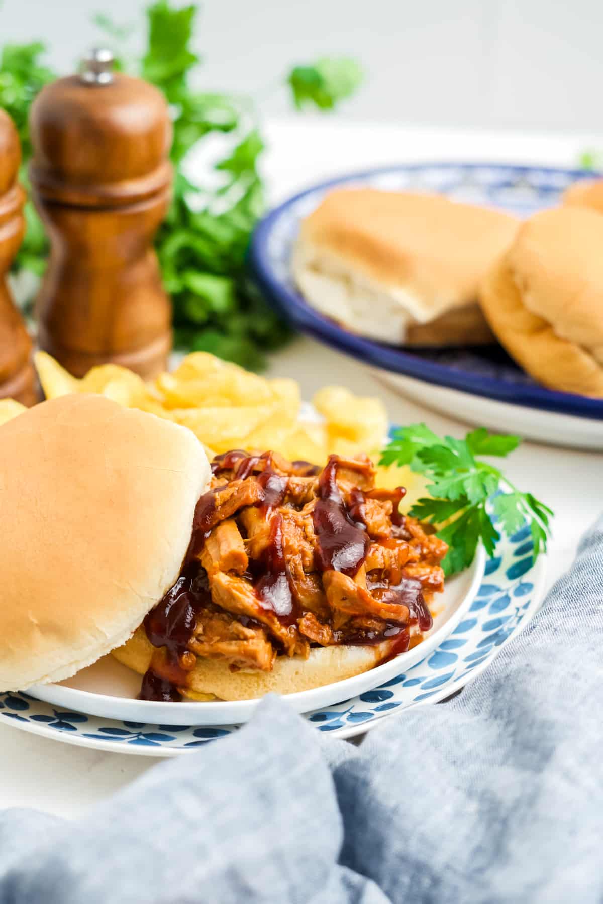 A pulled pork sandwich on a plate.