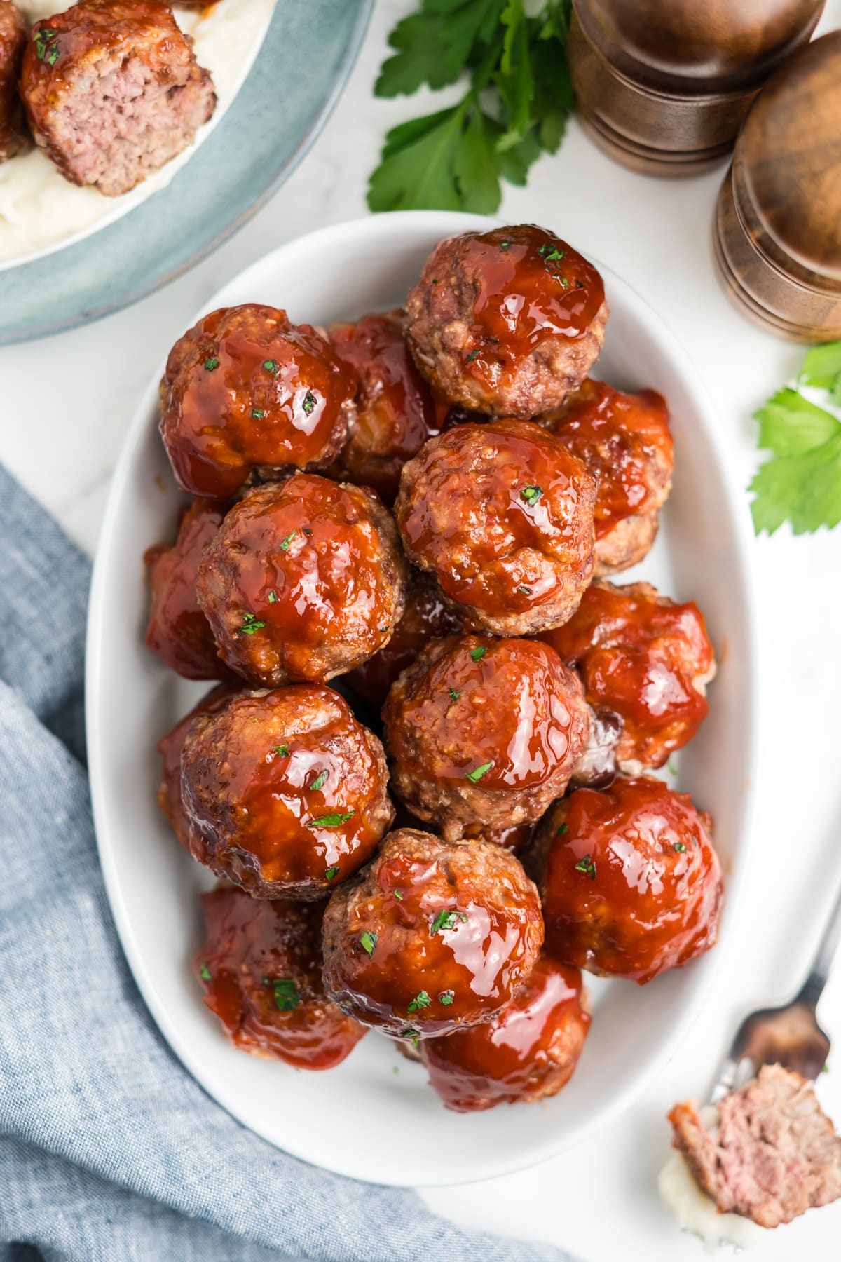 A dish filled with meatloaf meatballs.