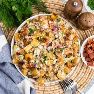 Overhead image or potato salad in a bowl.