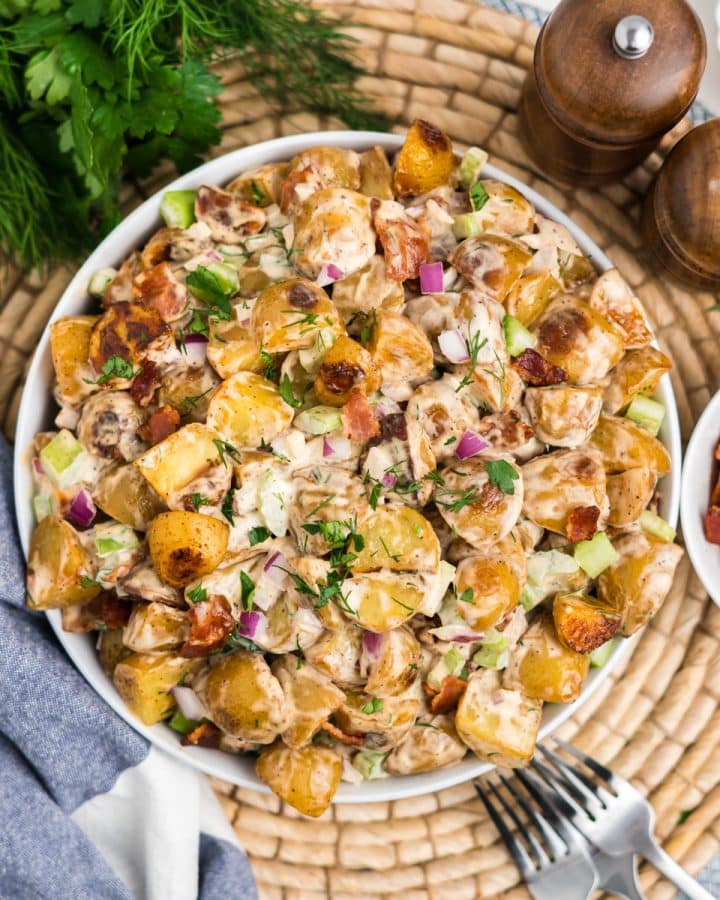 Overhead image or potato salad in a bowl.
