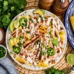Overhead image of a bowl of street corn chicken and rice bowl