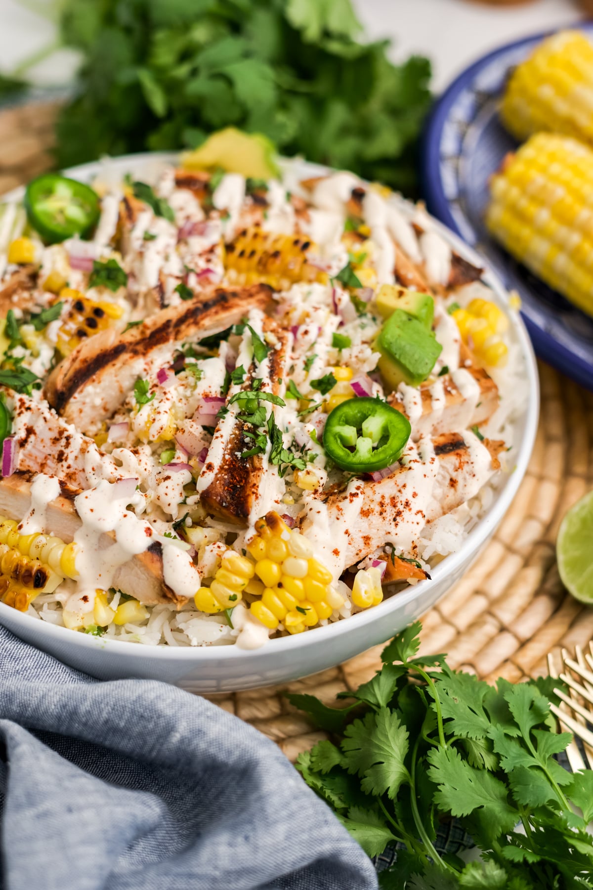 A macro image of mexican style rice and chicken bowl with dressing.
