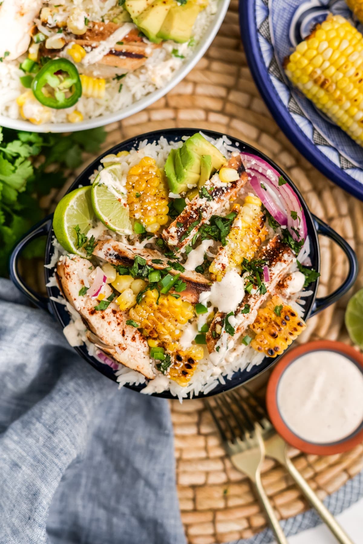 An overhead of a mexican style dinner bowl. 
